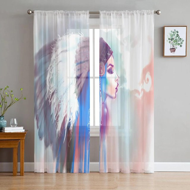 Yiran Furniture Indischer Blumen Tüllvorhang aus transparentem Voile mit Ethno-Print, B: 135 cm, H: 115 cm - Bild 1