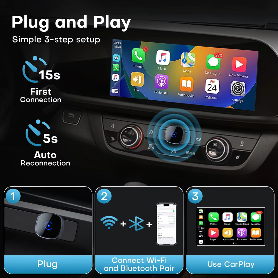 Neelyke 2-in-1 Kabelloser CarPlay und Android Auto Adapter in Schwarz, Universelle Plug & Play Verbindung für iOS und Android - Bild 3