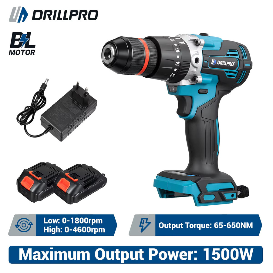 Drillpro Bürstenloser elektrischer Schlagbohrer in Blau mit 650 Nm und 13 mm Bohrfutter, kompatibel mit Makita LXT Akkus - Bild 2