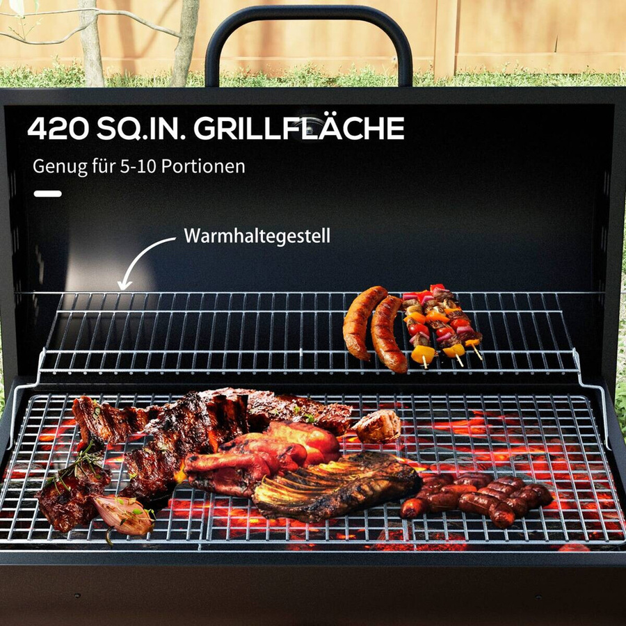 Outsunny Holzkohlegrill aus Metall als BBQ Smoker mit Deckel, Thermometer und verstellbarer Kohlewanne, fahrbarer Grillwagen für Camping und Terrasse, B/T/H: 95 x 71,5 x 102 cm - Bild 5