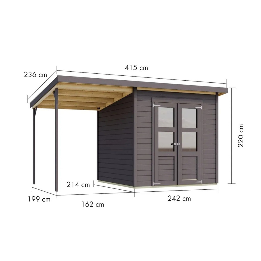Karibu Gartenhaus Merseburg mit Anbaudach in Grau, Holzgartenhaus mit Pultdach und Doppeltür, B/T/H: 415 x 236 x 219 cm - Bild 2