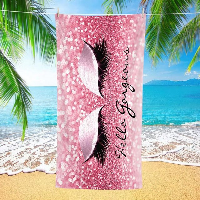 JMG Household Supplies Strandtuch mit Wimpern-Print in Pink, ultraweiches und schnell trocknendes Mikrofaser-Badehandtuch für Erwachsene, Breite: 70 cm, Länge: 140 cm - Bild 1