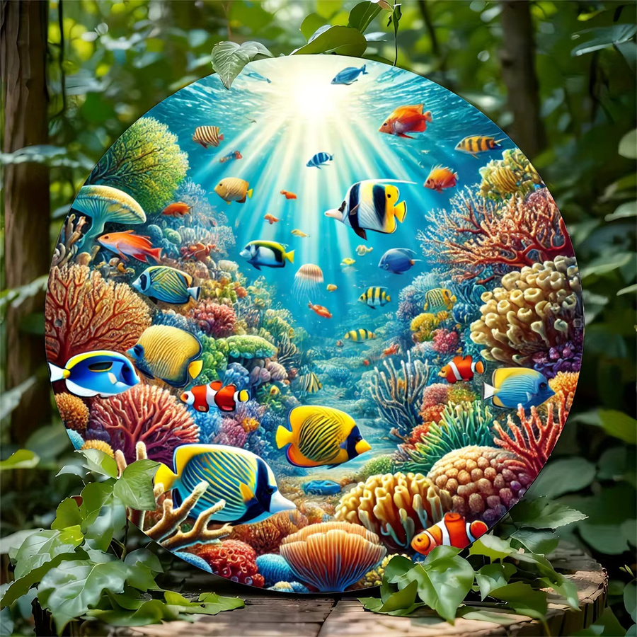 Rundes Metallwandschild Potdemiel mit Meereslebensszene und Korallenriff in Mehrfarbig, Durchmesser: 20 cm - Bild 3