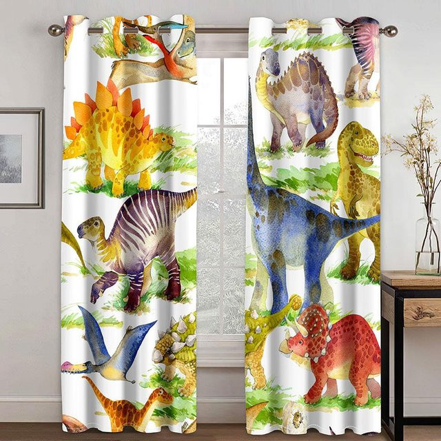 Yiran Furniture Kinder Vorhänge mit Elefant und Dinosaurier im tropischen Wald Design, 2er-Set, Mehrfarbig, B: 50 cm, H: 130 cm - Bild 1