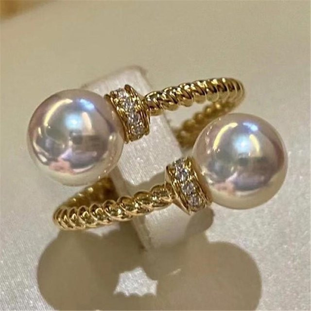 YIRAN Jewelry Offener Ring, Sterling Silber, Doppelperlen, Goldfarbenes Band, Damen - Bild 1