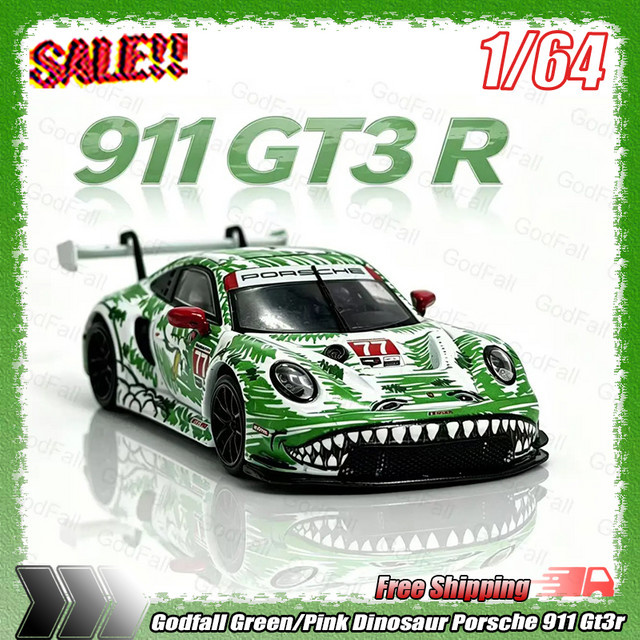Bburago Porsche 911 Gt3 R # 77, 1:64, Green/Pink Dinosaur Sketch Livery, Legierungsmodell - Bild 1