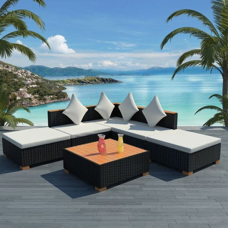 6-teiliges modernes Gartenlounge-Set aus Poly-Rattan mit Auflagen von vidaxl in Schwarz - Bild 1