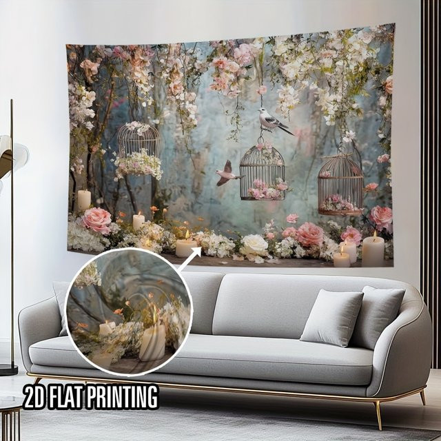 VIKAMA Wandteppich mit Blumen- und Vogelmotiv in Multicolour für Wohnzimmer und Schlafzimmer - Bild 1