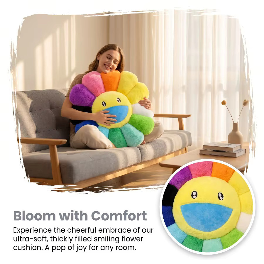 Bandai Kawaii Sonnenblumen-Plüschkissen, Niedriges lächelndes Regenbogen-Sonnenblumen Kissen in Bunt/Mehrfarbig - Bild 3
