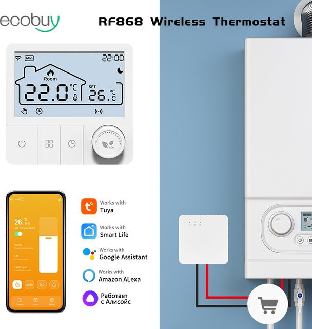 Tuya Smart Wifi Thermostat für Gas- und Wasserheizungen, Batteriebetrieben, Weiß - Bild 1