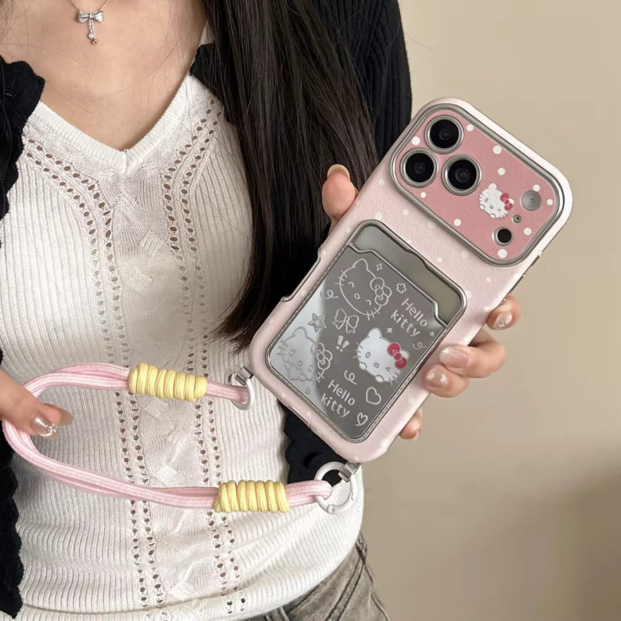 Sanrio Hello Kitty Handyhülle aus weichem Leder mit Kartenhalter und Trageband für iPhone 17 16 15 14 13 Pro Max in Pink - Bild 3