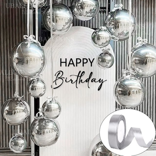 12er Set silberne 4D-Luftballons von MicroPlush, geometrische runde Folienballons mit Band für Geburtstag, Hochzeit und Party, Durchmesser: 22 Zoll, 15 Zoll und 10 Zoll - Bild 1