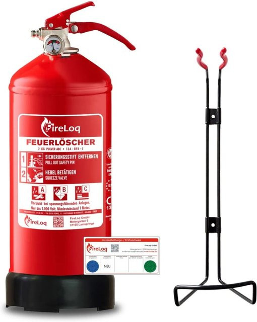 FireLoq Pulverlöscher Rot mit 2 kg Pulver, Brandklassen A B C, inklusive Wandhalterung und Manometer - Bild 1