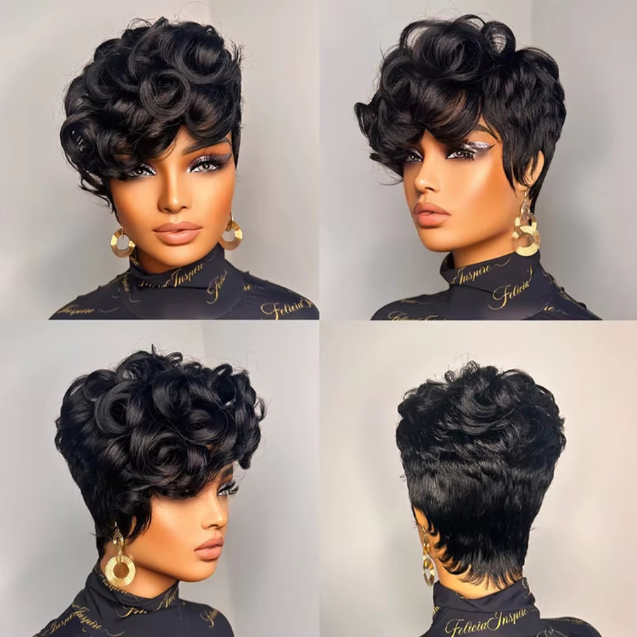 OYM HAIR Pixie-Perücke, kurze lockige Remy-Echthaar-Perücke, Damen - Bild 3