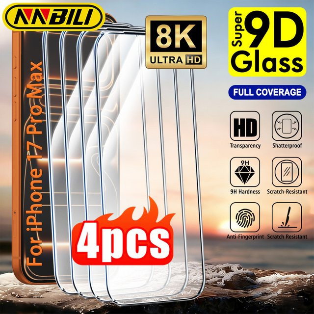 NNBILI 4er-Pack 9D Displayschutzfolien aus gehärtetem Glas für iPhone 17 16 15 14 13 12 11 Pro Max, transparent - Bild 1