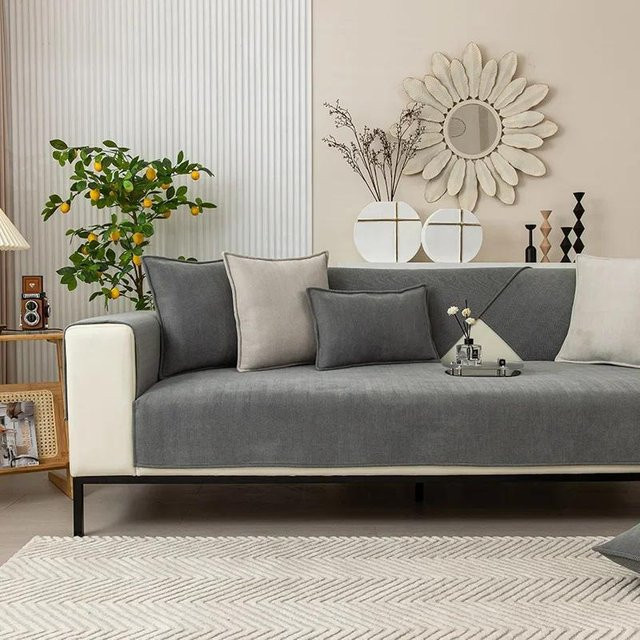 Nordischer Chenille-Sofabezug für dein Wohnzimmer, einfarbiges Sofakissen in Grau, rutschfeste L-förmige Couchmatte, B/H: 50 x 30 cm - Bild 1