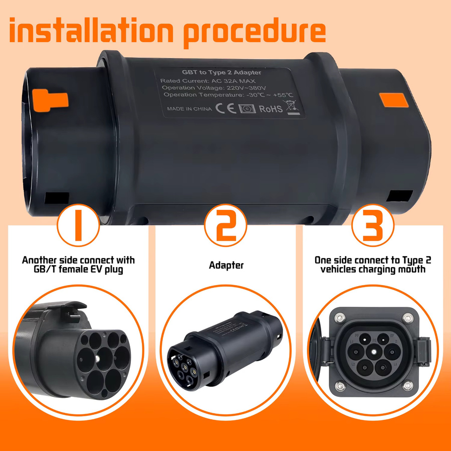 Kolanky GBT auf Typ 2 EV-Adapter, 32 A 7,2 kW, Farbe: Schwarz - Bild 2