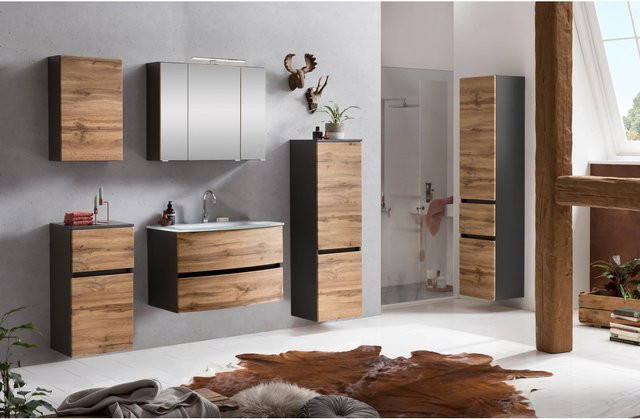 Held Möbel Waschtisch-Set Salerno 2-tlg. in Wotaneiche-Graphitgrau mit Glasbecken und Spiegelschrank, Breite: 80 cm - Bild 1