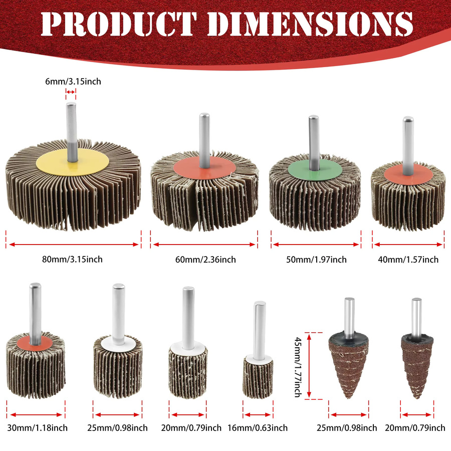 Toorise 20-teiliges Schleifklappen-Set mit 6 mm Schaft und Schleifscheibenkopf für Dremel-Rotationswerkzeuge zur Rostentfernung - Bild 2
