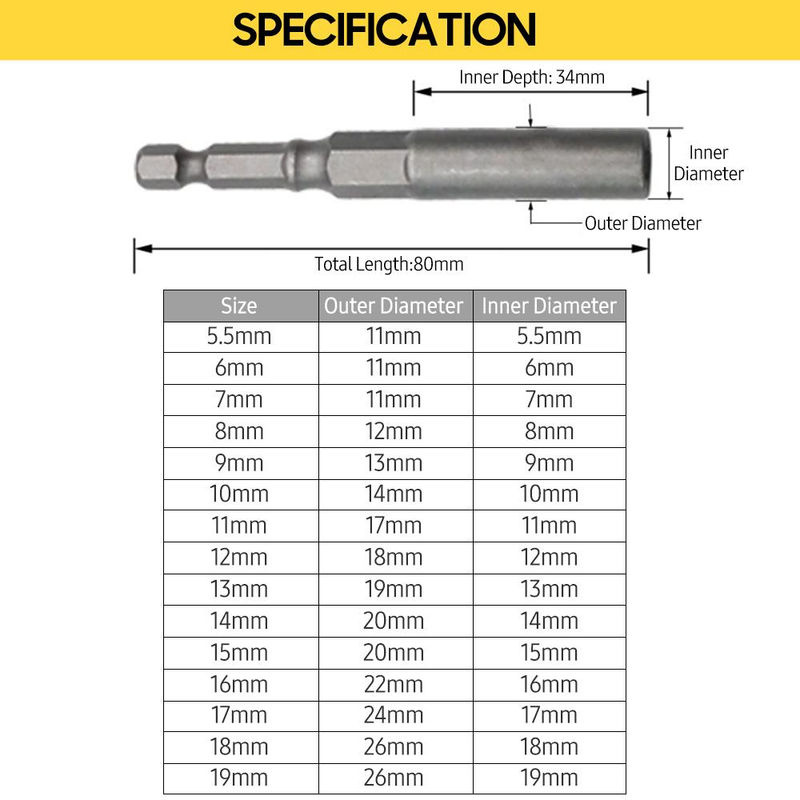 Kkmoon 15-teiliges Power Mutter Fahrer Bohrer Set aus Chrom Vanadium Stahl in Silber, Hex Bit Buchse Set 5,5-19mm - Bild 3
