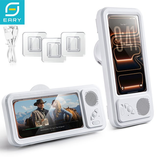 Eary Dusch-Handyhalterung mit Bluetooth-Lautsprecher, IPX5 wasserdichte Badezimmer-Box in Weiß mit 360 Grad drehbarer Wandhalterung und Antibeschlag-Schale - Bild 1