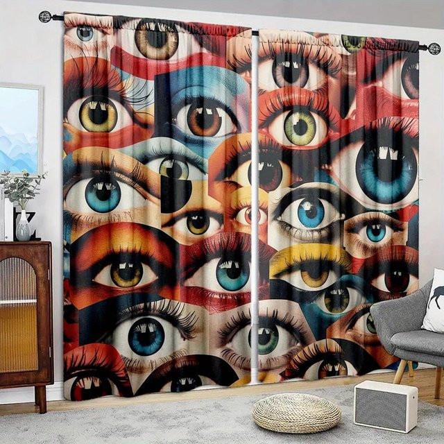 2er-Set Kunst-Auge Vorhang mit Grafikprint in Braun, halbtransparentes Fensterdekor aus Polyester, B: 52,5 cm, H: 116 cm - Bild 1