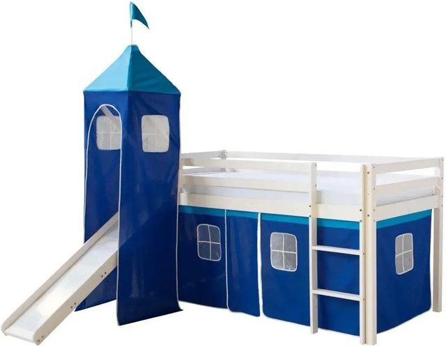 Homestyle4u Hochbett aus Kiefernholz mit Vorhang in Weiß und Blau für Kinder - Bild 1