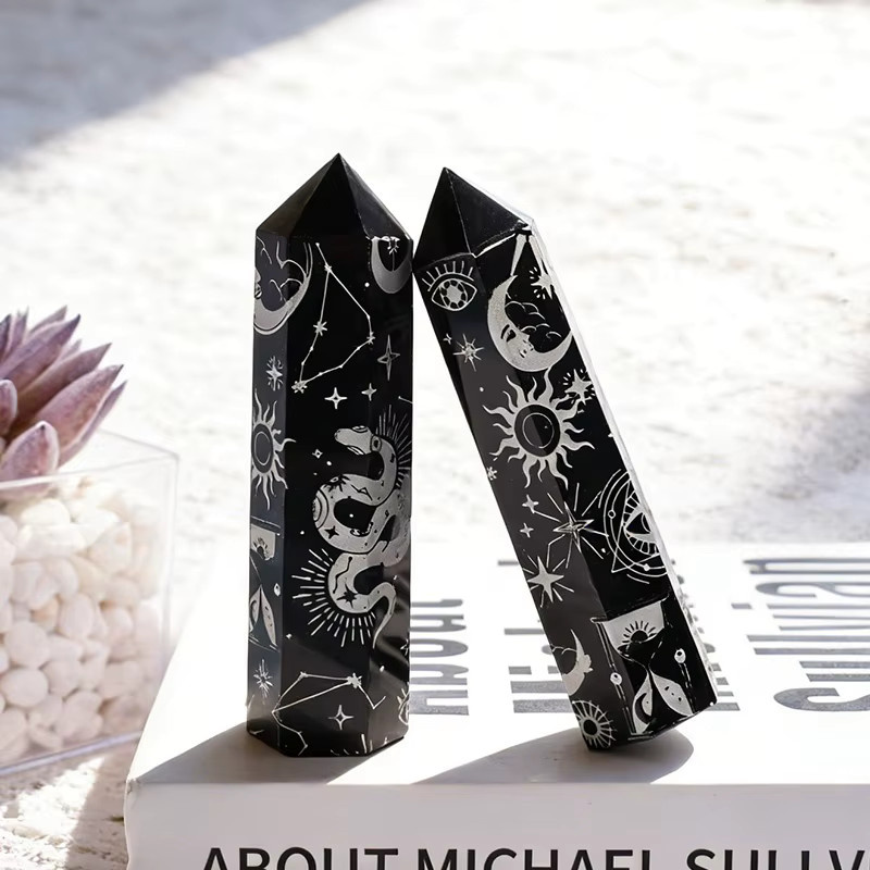 RYCRYSTAL Obsidian-Kristallstab Obelisk in Schwarz und Silber als dekorative Heimdekoration - Bild 5