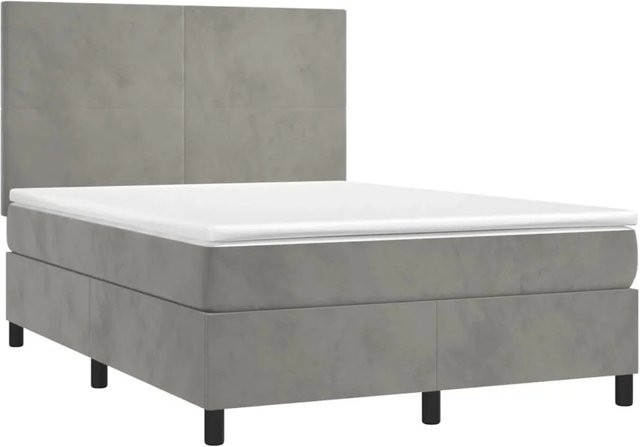 vidaXL Boxspringbett mit Matratze in Hellgrau, Hybridbett mit Samtbezug, LED-Unterbettbeleuchtung und USB-Anschluss, B/T: 140 x 190 cm - Bild 1