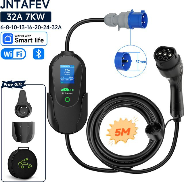 JNTAFEV Tragbares EV-Ladegerät Typ2 mit WLAN-App und Bluetooth-Steuerung, 7,2kW 32A 1-Phasen Elektroauto-Schnellladekabel, Schwarz - Bild 1