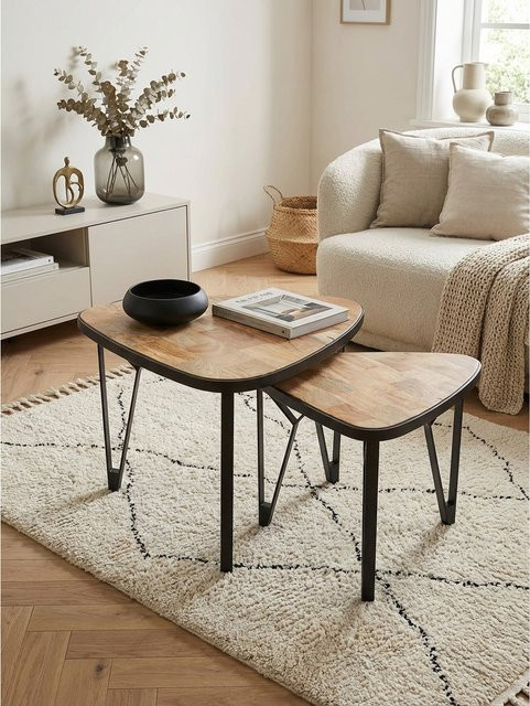 KADIMA DESIGN Couchtisch Set aus Mango und Akazie Massivholz in Braun, 2-teilig dreieckig im Industrial Style - Bild 1