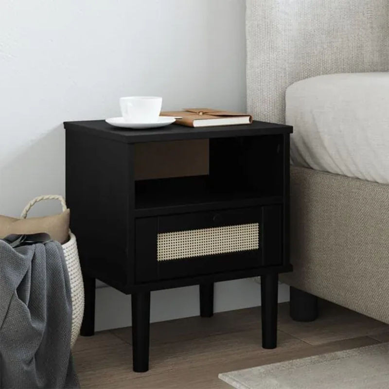 Prolenta Premium Nachttisch Senja in Schwarz im Rattan-Look mit Kiefer und Holzwerkstoff, B/T/H: 40 x 35 x 48 cm - Bild 1