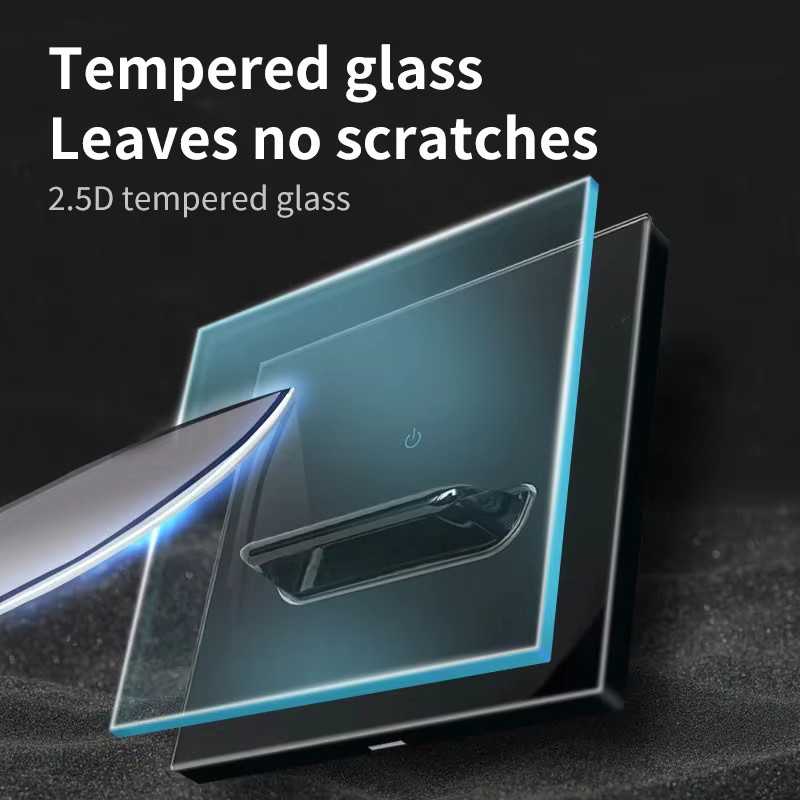 Moderner Glas-Touch-Wandschalter aus gehärtetem Kristallglas mit LED-Hintergrundbeleuchtung und Metall-Drucktaster in Schwarz - Bild 3