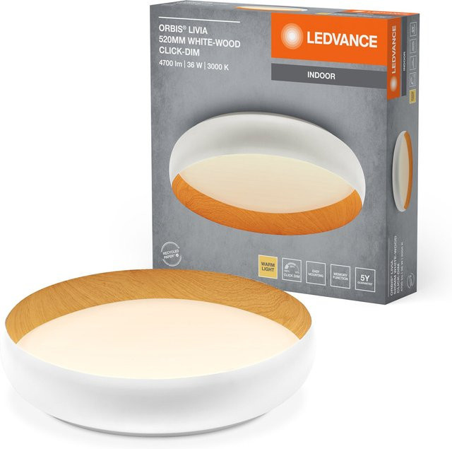 LEDVANCE ORBIS Livia LED-Deckenleuchte mit Metallring in Weiß und Holzdekor, 36W, 2000lm, 3000K Warmweiß, dimmbar, Durchmesser: 52 cm - Bild 1