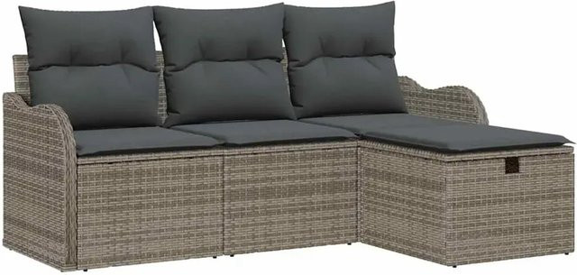 vidaXL Garten-Sofa-Set aus Polyrattan in Grau, 4-teiliges L-Shape Lounge-Set mit Ottoman, Kissen und integriertem Stauraum - Bild 1