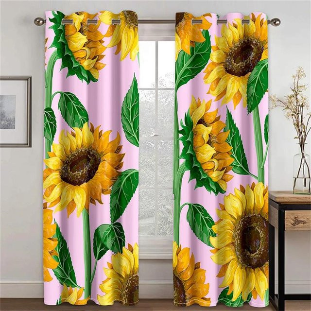 Yiran Furniture Dekorative Sonnenblumen Vorhänge im Vintage Pastoralen Stil, Gelb/Mehrfarbig, 2 Paneele, Semi-transparent, B/H: 50 x 230 cm pro Paneel - Bild 1