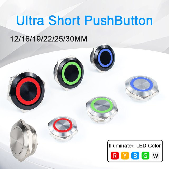 Schwarzer ultra kurzer LED-Druckknopf mit Selbstrückstellung und Mikrohub in verschiedenen Durchmessern - Bild 1