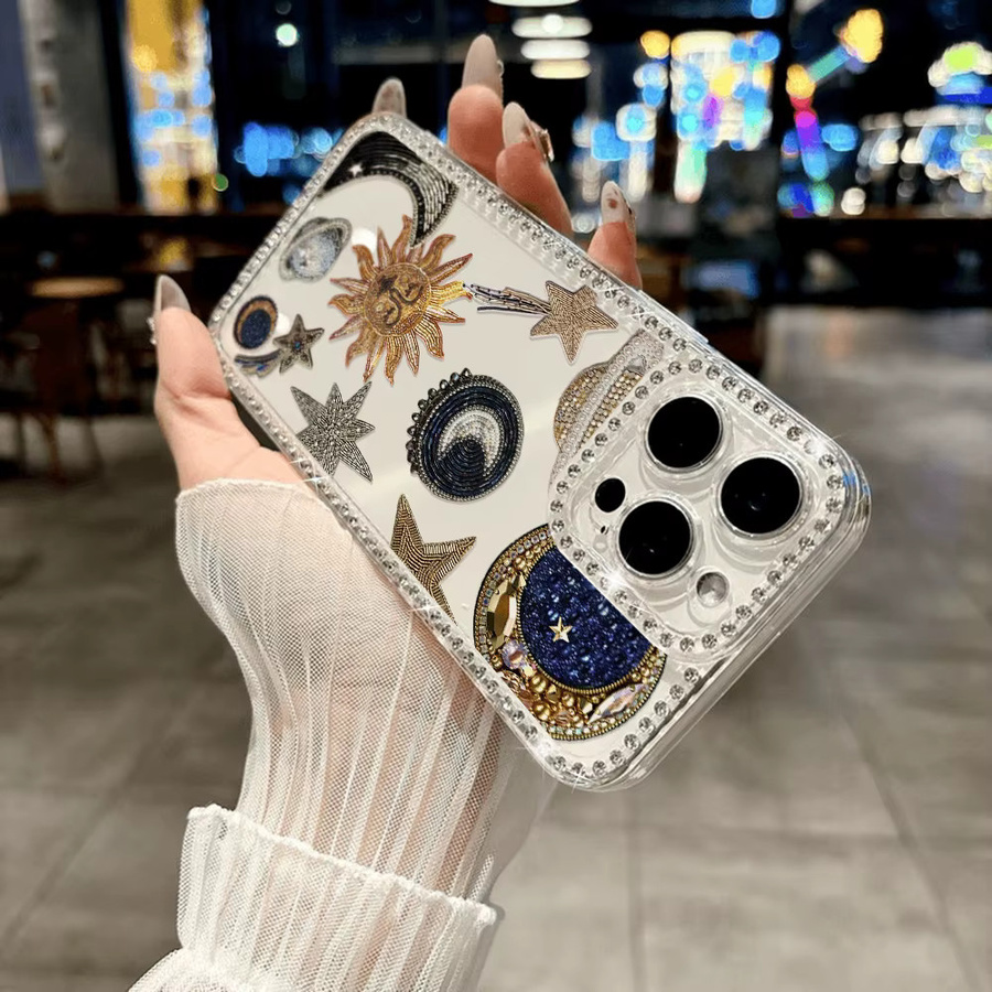 Caynes Transparente Handyhülle mit Sonne und Mond Design für iPhone 17 Pro Max 16 15 14 13 12 und iPad Air 11 stoßfeste Glitzer-Schutzhülle - Bild 3