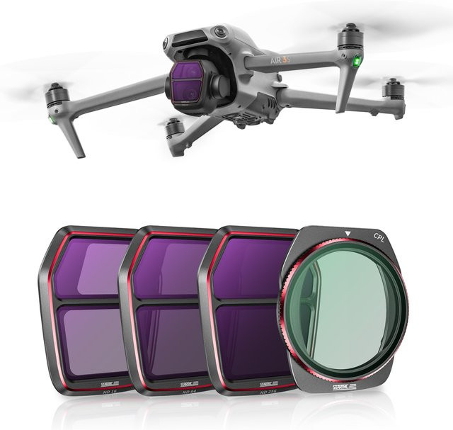 4er-Pack ND und CPL Filterset für DJI Air 3S in Schwarz mit ND16, ND64, ND256 und CPL Filtern - Bild 1
