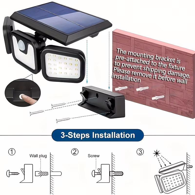 DOUWENXI Solarleuchte mit 74 LED und 3 Köpfen, Bewegungssensor-Wandlampe mit einstellbarer Helligkeit für Außenbereiche wie Haustür, Garage oder Hof - Bild 5
