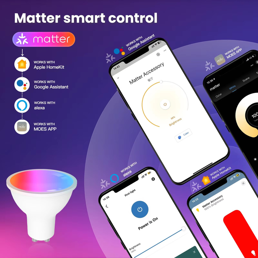 Tuya Matter WiFi Smart Bulb Dimmbare LED-Kerzenlampe mit 16 Millionen RGB-Farben, GU10 E27 E14, Sprachsteuerung für Alexa und Google Home - Bild 2