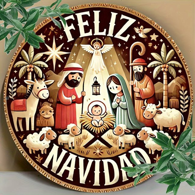 Potdemiel Feliz Navidad Weihnachts-Metallwandkunstschild aus Aluminium, rund, Mehrfarbig, Durchmesser: 20,3 cm - Bild 1