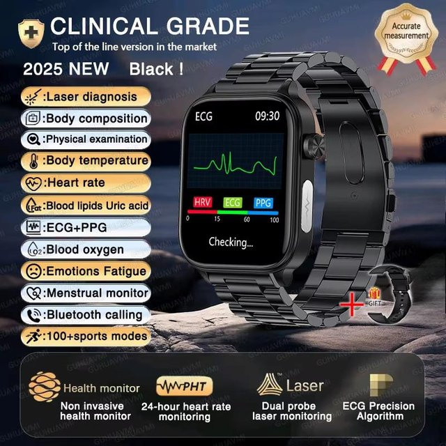 QLY Online Smartwatch mit KI Gesundheitsdiagnose EKG und PPG in Black-Steel für Herren und Damen mit Herzfrequenz, SpO2 und Schlaf-Tracking - Bild 1