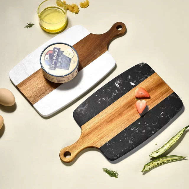 JANKNG Servierplatte aus Holz und Marmor in Schwarz und Weiß, rechteckiges Schneidebrett für Brot, Obst, Käse oder Steak - Bild 1