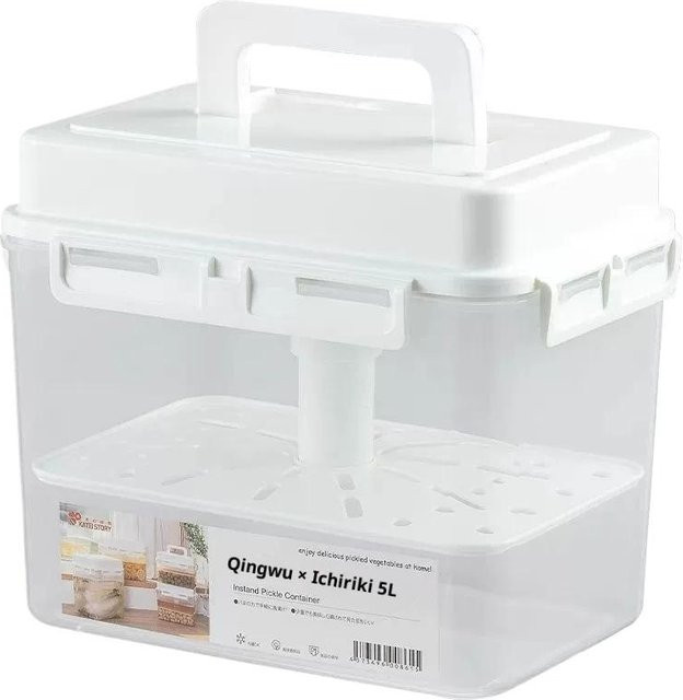 Binchi Outdoor Product Einlegebehälter mit Siebdeckel aus Kunststoff und Silikon, transparenter Lebensmittelbehälter für Fermentation und Gemüseaufbewahrung, weiß, 5 l - Bild 1