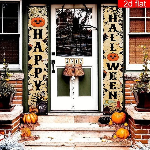 VIKAMA Halloween Banner Dekoration für Outdoor und Indoor mit Vintage Kürbis und Hexe, Mehrfarbig, B/H: 30 x 180 cm - Bild 1