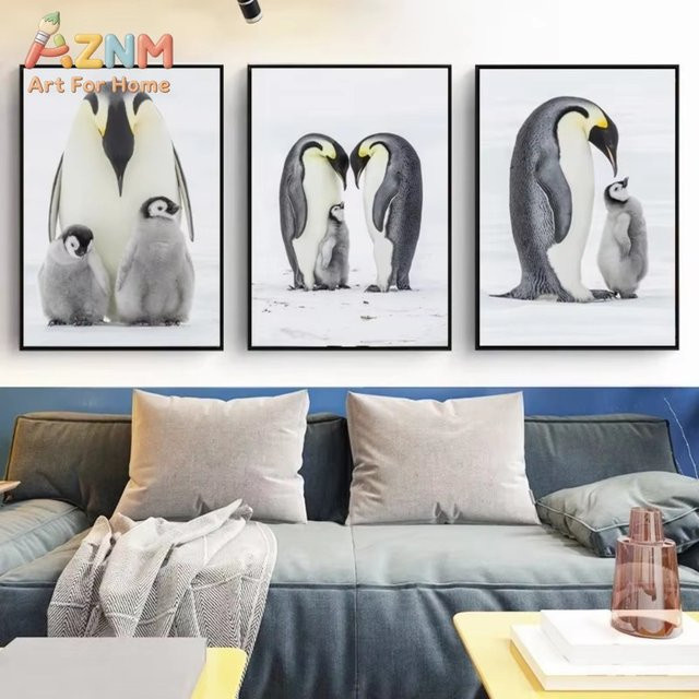 AZNM Leinwand-Dekorationsbild Warme Pinguin-Familie, Rahmenloses Poster mit Tiermotiv in Mehrfarbig, Modernes Wandbild für dein Wohnzimmer - Bild 1