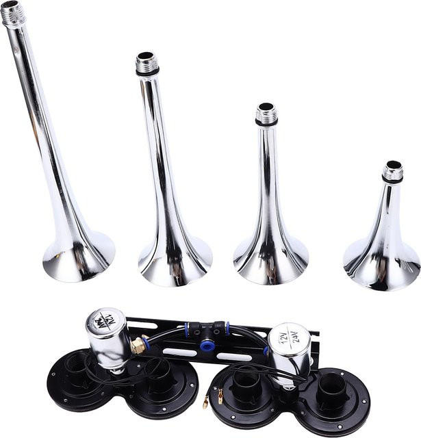 Aimo Air Horn Kit mit 4 Trompeten, 130dB Drucklufthorn für LKW, Auto, Boot und Van, Silber, 12-24V - Bild 1
