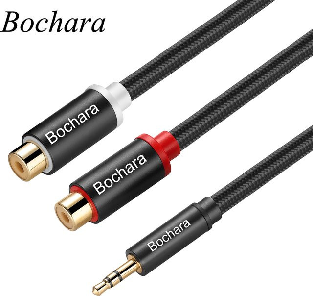 Bochara Audio-Konverterkabel Stereo-Aux-Stecker 3,5 mm auf 2 Cinch-Buchsen, geflochten, Schwarz, Länge: 30 cm - Bild 1