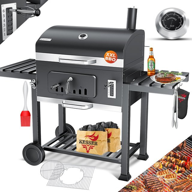 KESSER Grillwagen XXL Holzkohlegrill in Schwarz mit Deckel, Thermometer und emailliertem Grillrost - Bild 1
